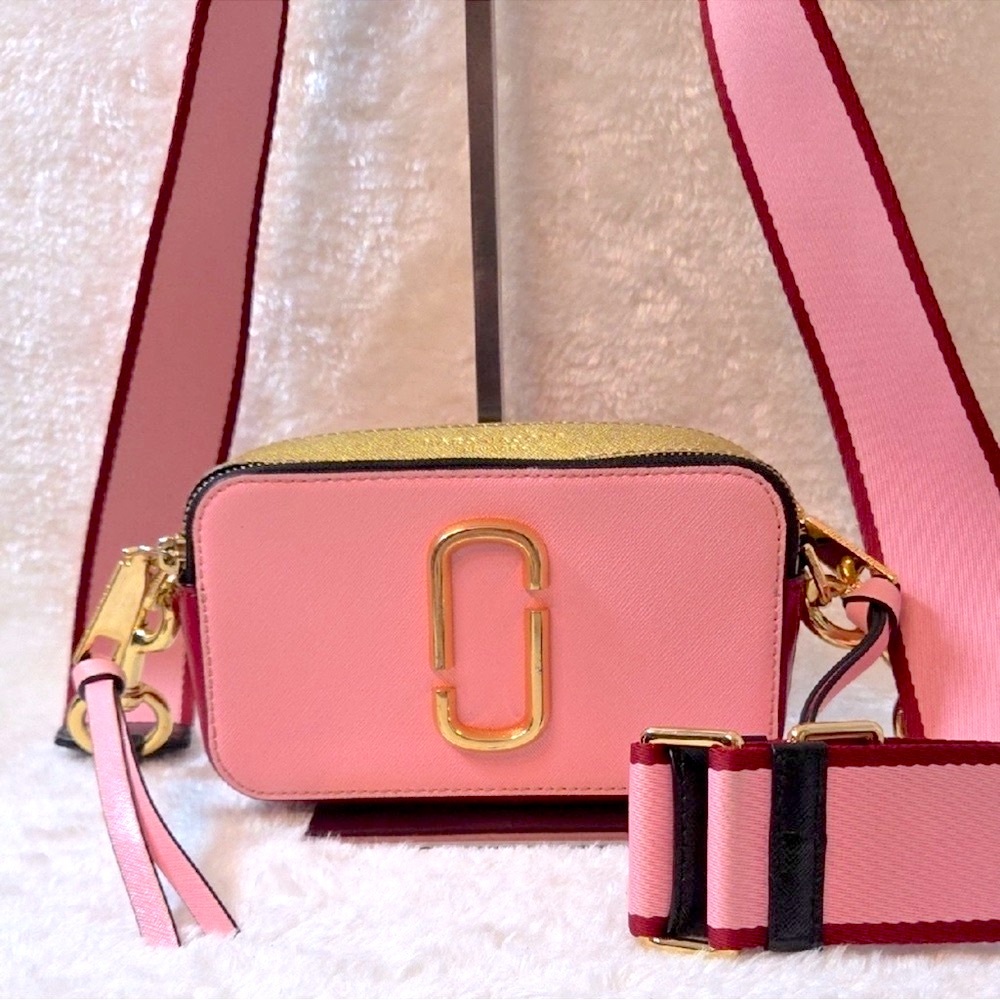 Marc Jacobs Pink and Gold Snapshot Crossbody Bag w/Guitar Strap